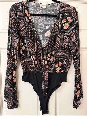 pistola Black Floral Tie-Front Long Sleeve Bodysuit